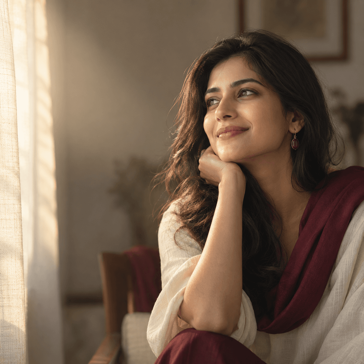 Woman relaxing at home in soft morning light