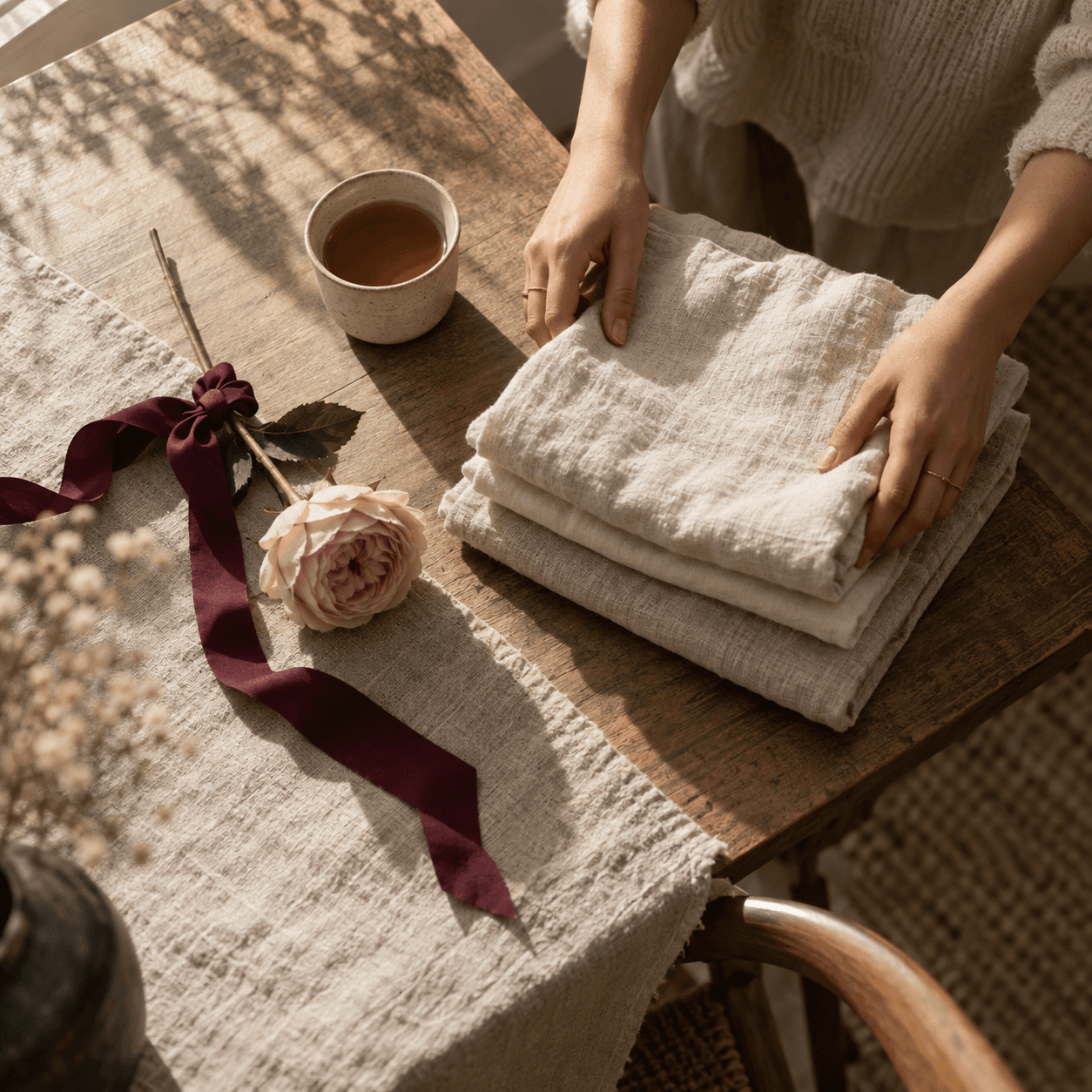 Hands folding soft linen next to a cup of tea and a rose
